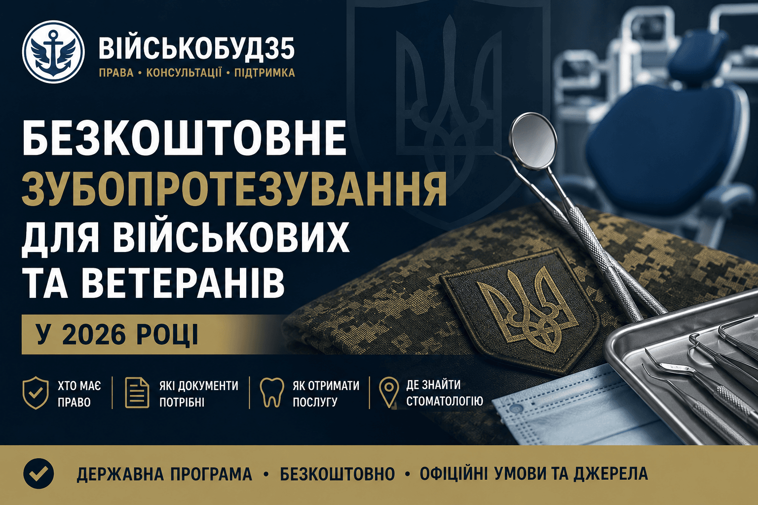Безкоштовне зубопротезування для військових, ветеранів та УБД у 2026 році. Порядок отримання послуги, документи та умови державної програми.