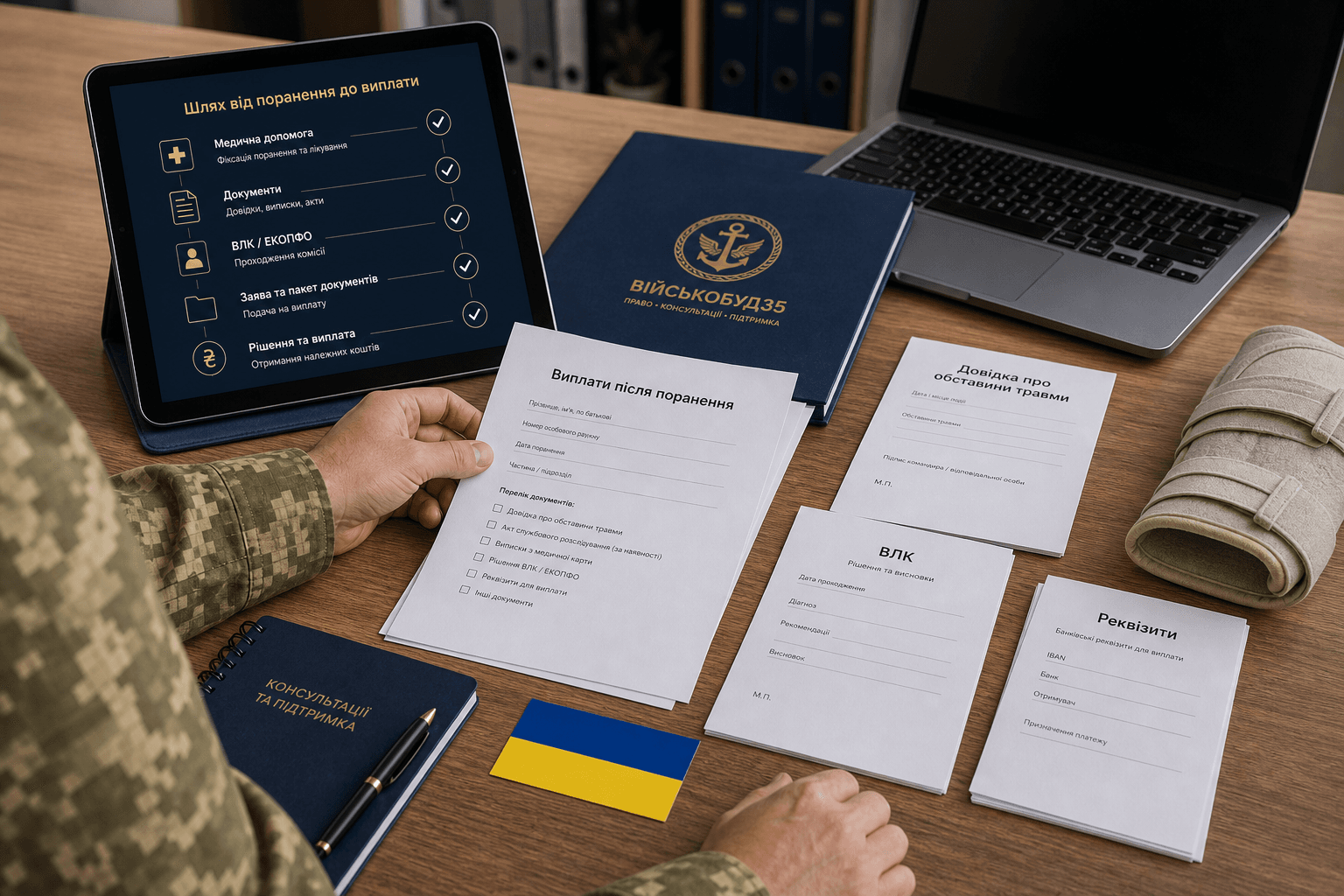 Документи для виплат пораненим військовим, юридичний супровід Військобуд35