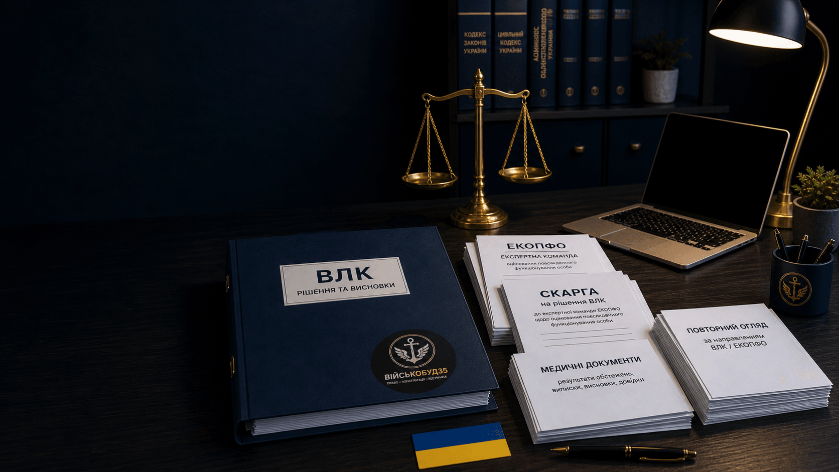 Юридична допомога у справах ВЛК, МСЕК та ЕКОПФО, документи Військобуд35 з емблемою і прапором України