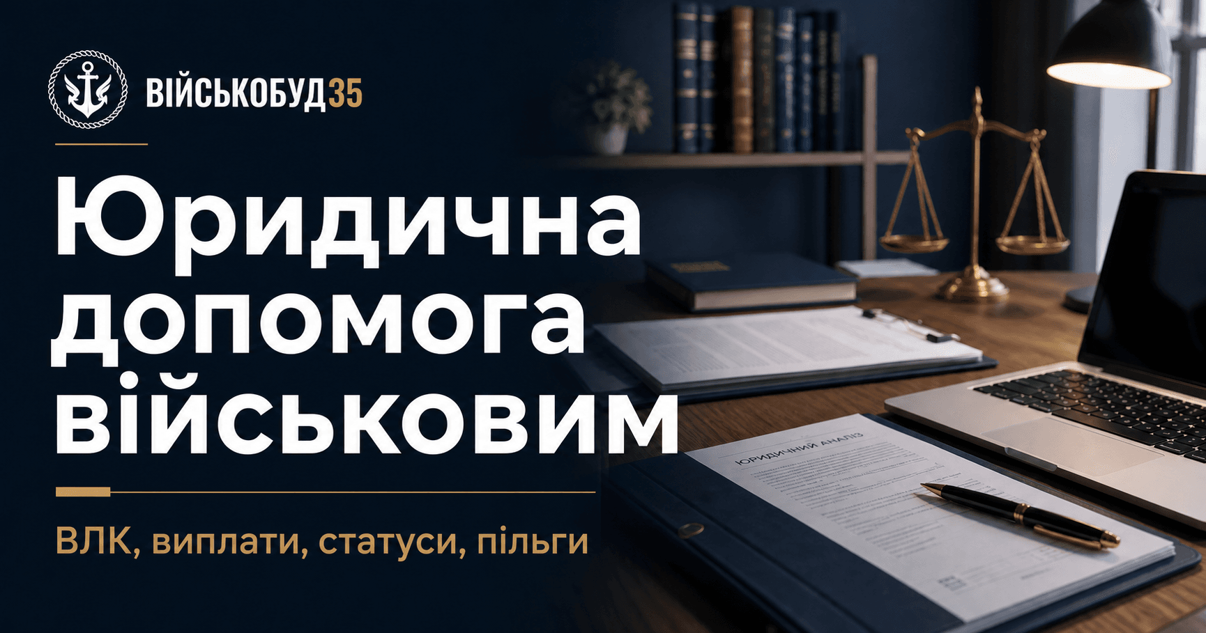 HERO банер Військобуд35 з емблемою та текстом про юридичну допомогу військовим