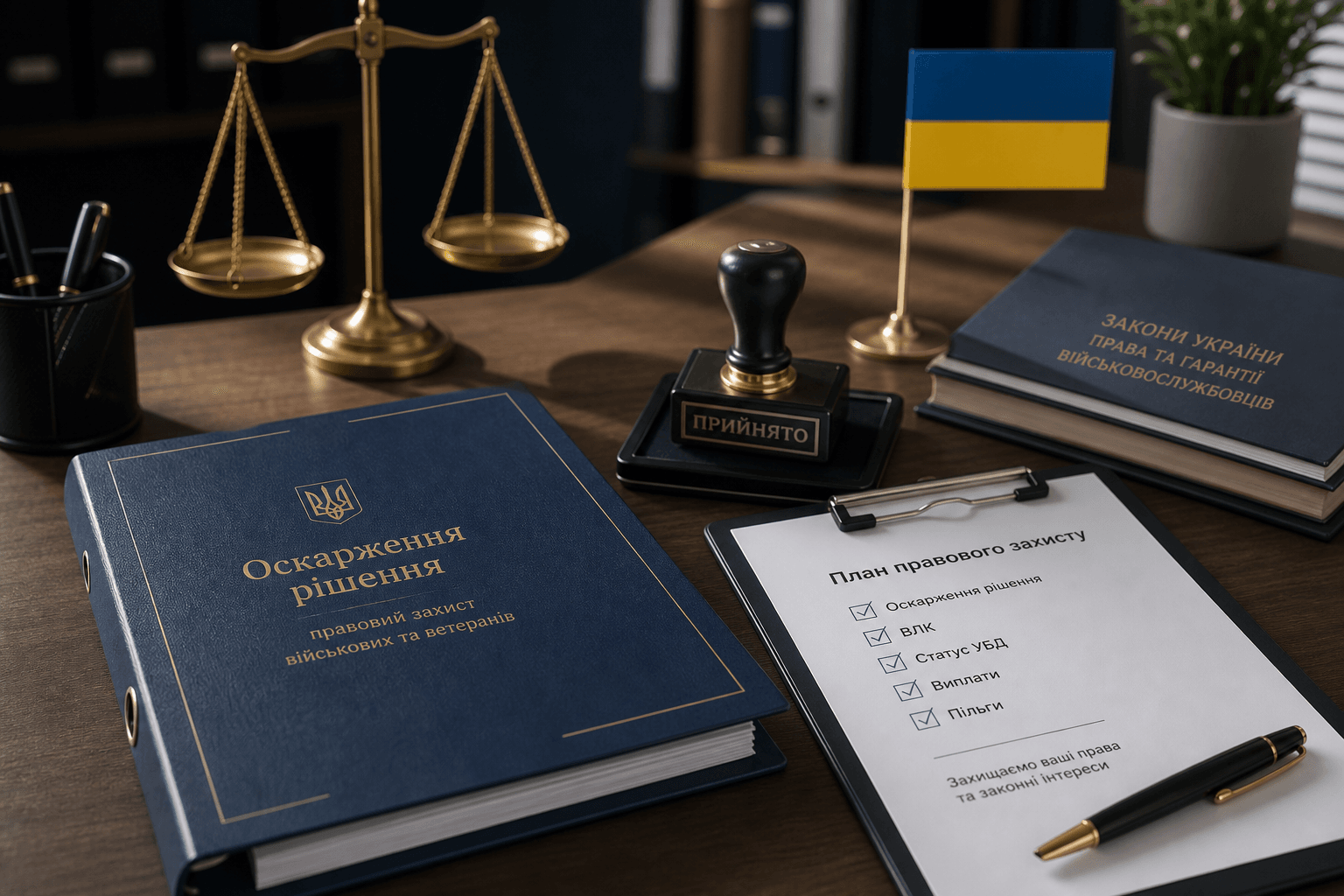 Терези правосуддя, штамп і папка оскарження для захисту прав військових та ветеранів