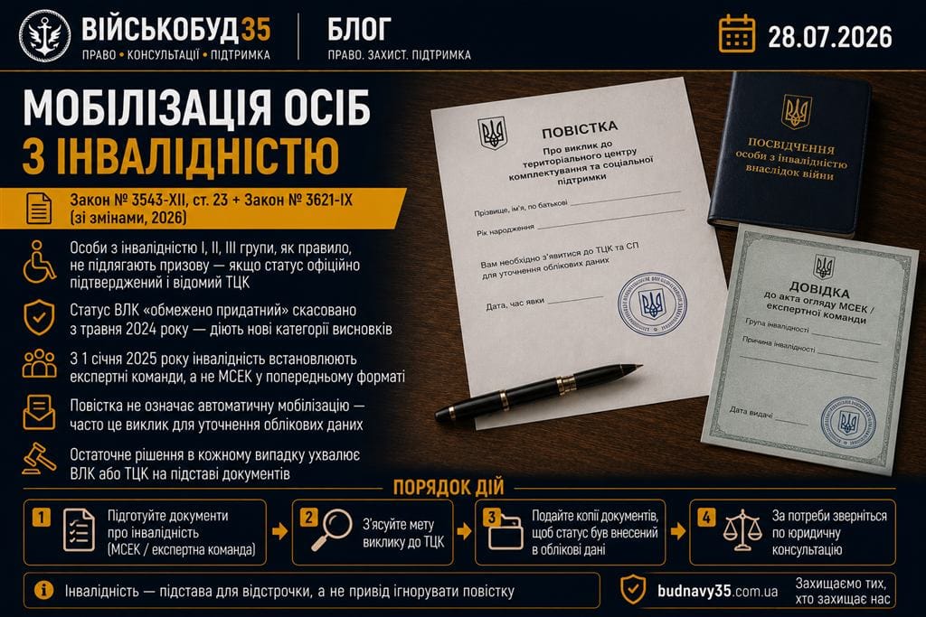 Повістка ТЦК, довідка МСЕК та посвідчення особи з інвалідністю на столі — мобілізація осіб з інвалідністю у 2026 році